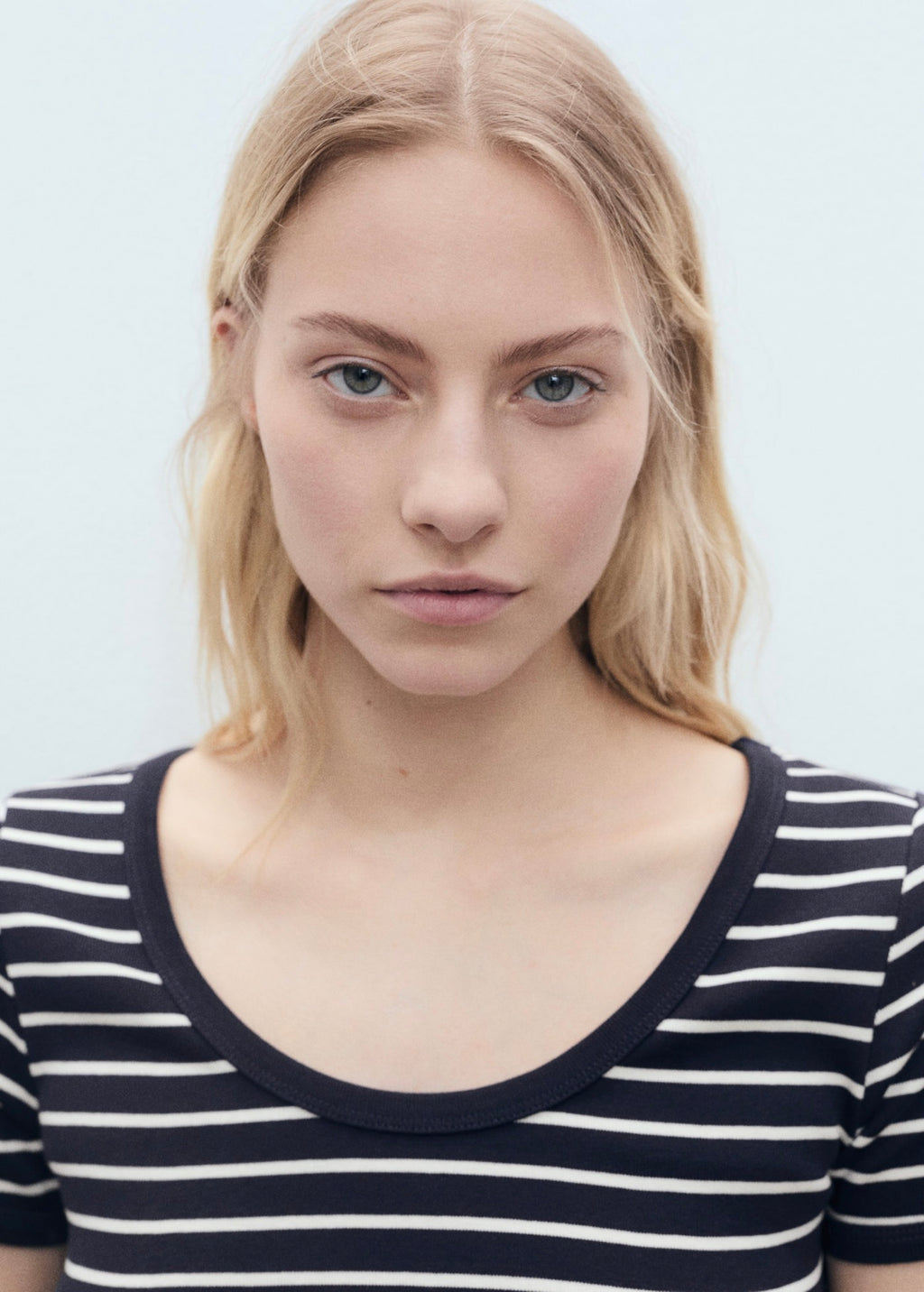 Striped Cotton T-Shirt with Plunging Neckline - Dark Navy