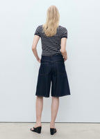 Striped Cotton T-Shirt with Plunging Neckline - Dark Navy