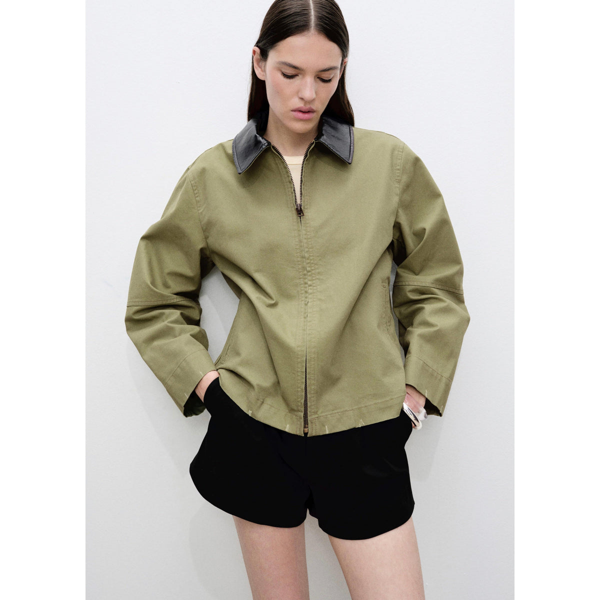 Chaqueta de Algodón con Cuello a Contraste - Khaki