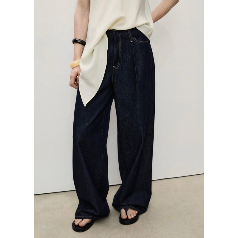 Pantalon En Denim Wideleg Taille Effilochée - Open Blue