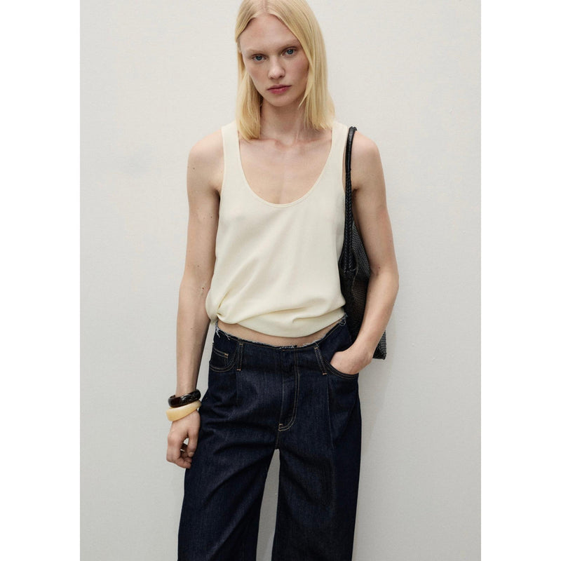 Pantalon En Denim Wideleg Taille Effilochée - Open Blue