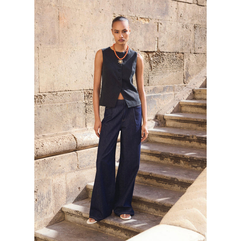 Pantalon En Denim Wideleg Taille Effilochée - Open Blue