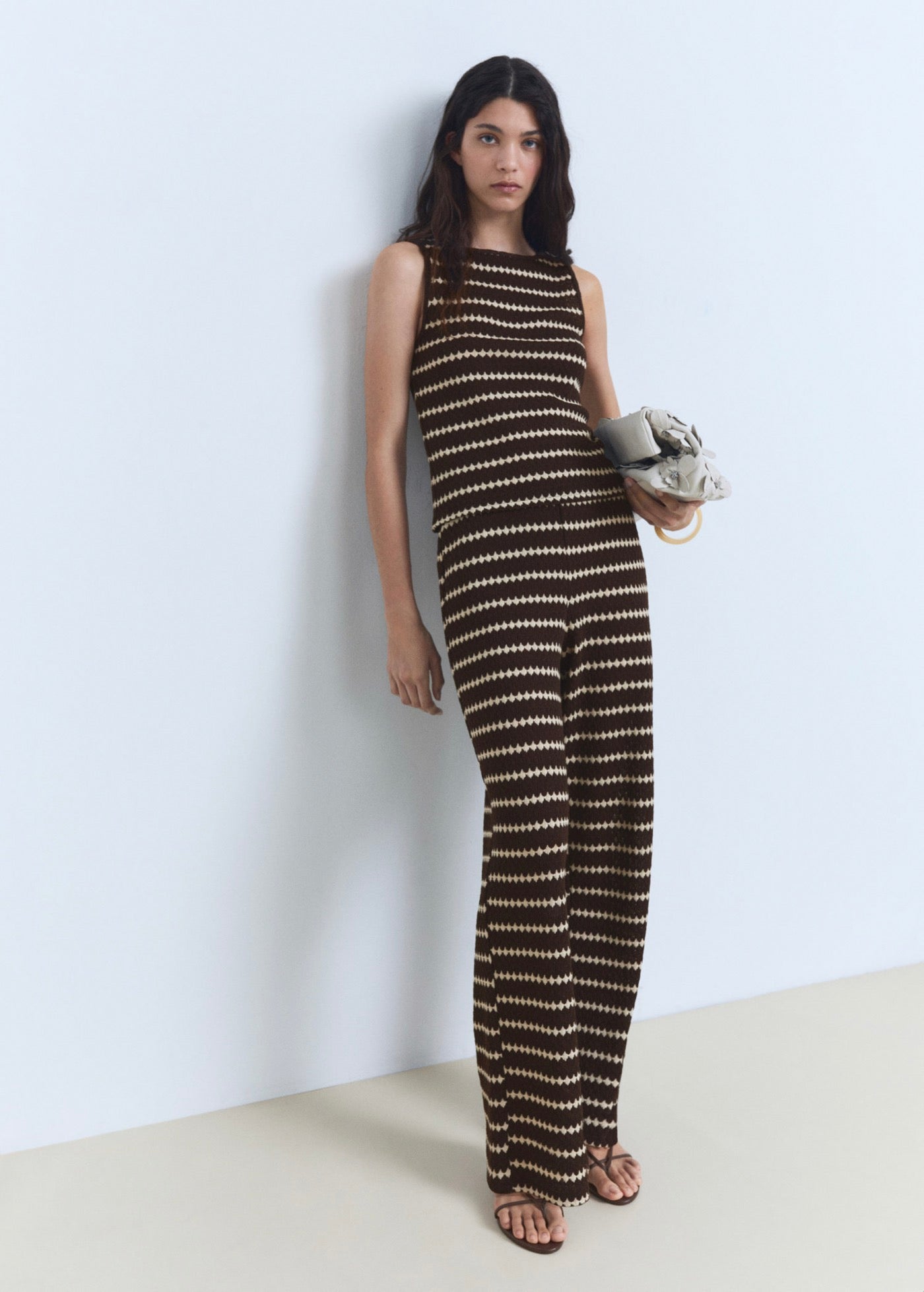 Pantalon Maille En Imprimé Géométrique - Brown