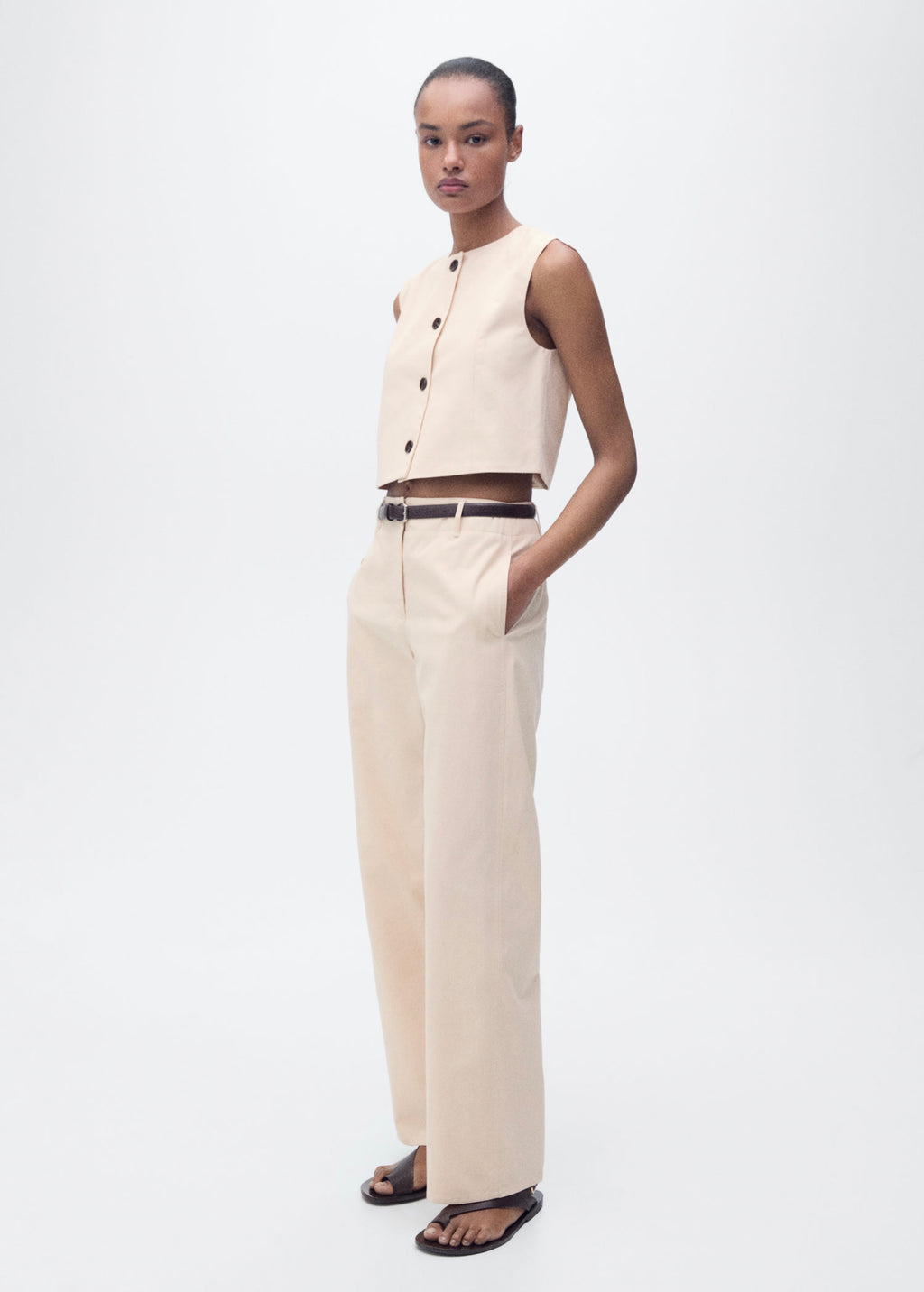 Pantalon Coton Droit Taille Moyenne - Ecru