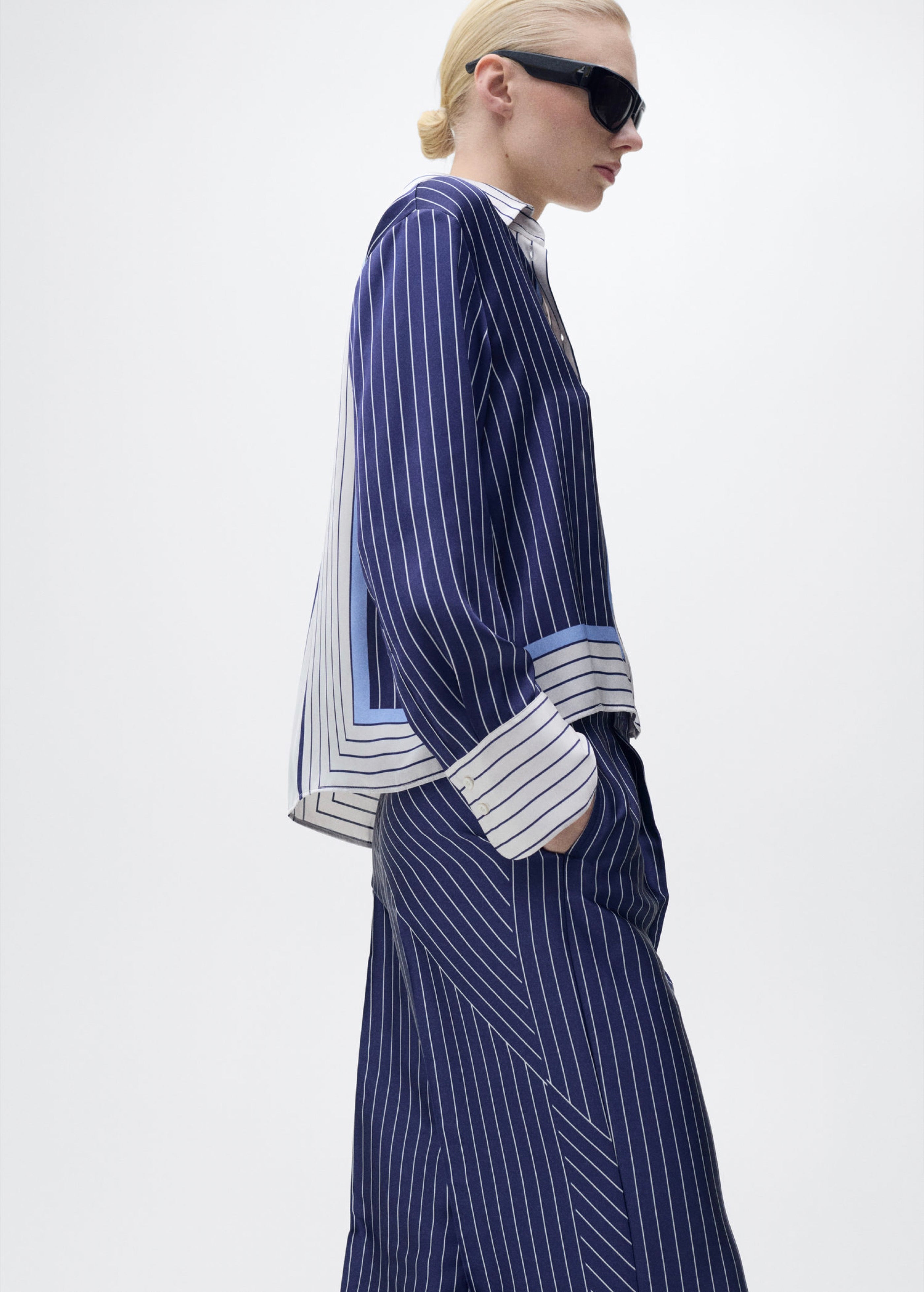 Pantalon Droit Rayures Combinées - Blue