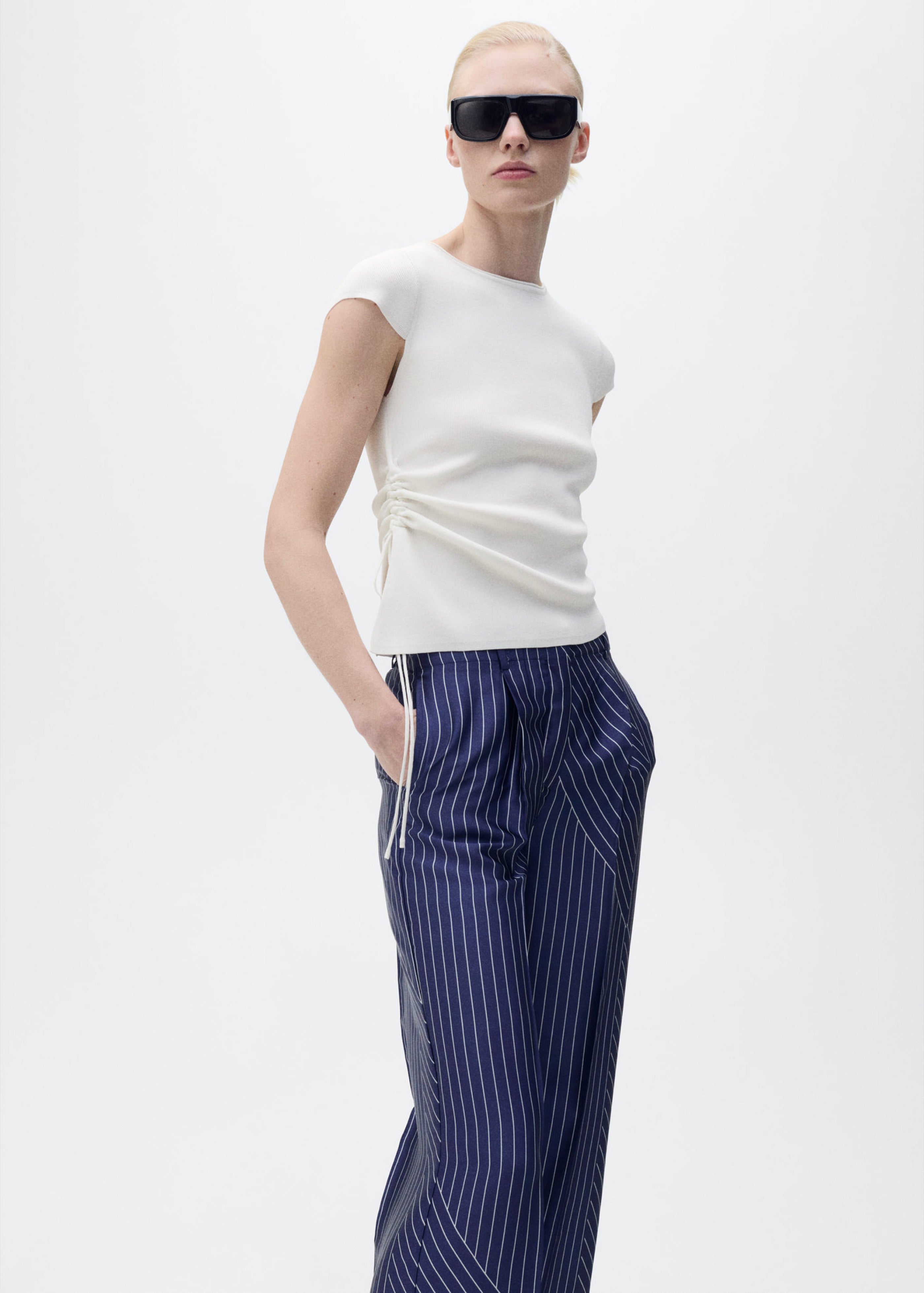 Pantalon Droit Rayures Combinées - Blue