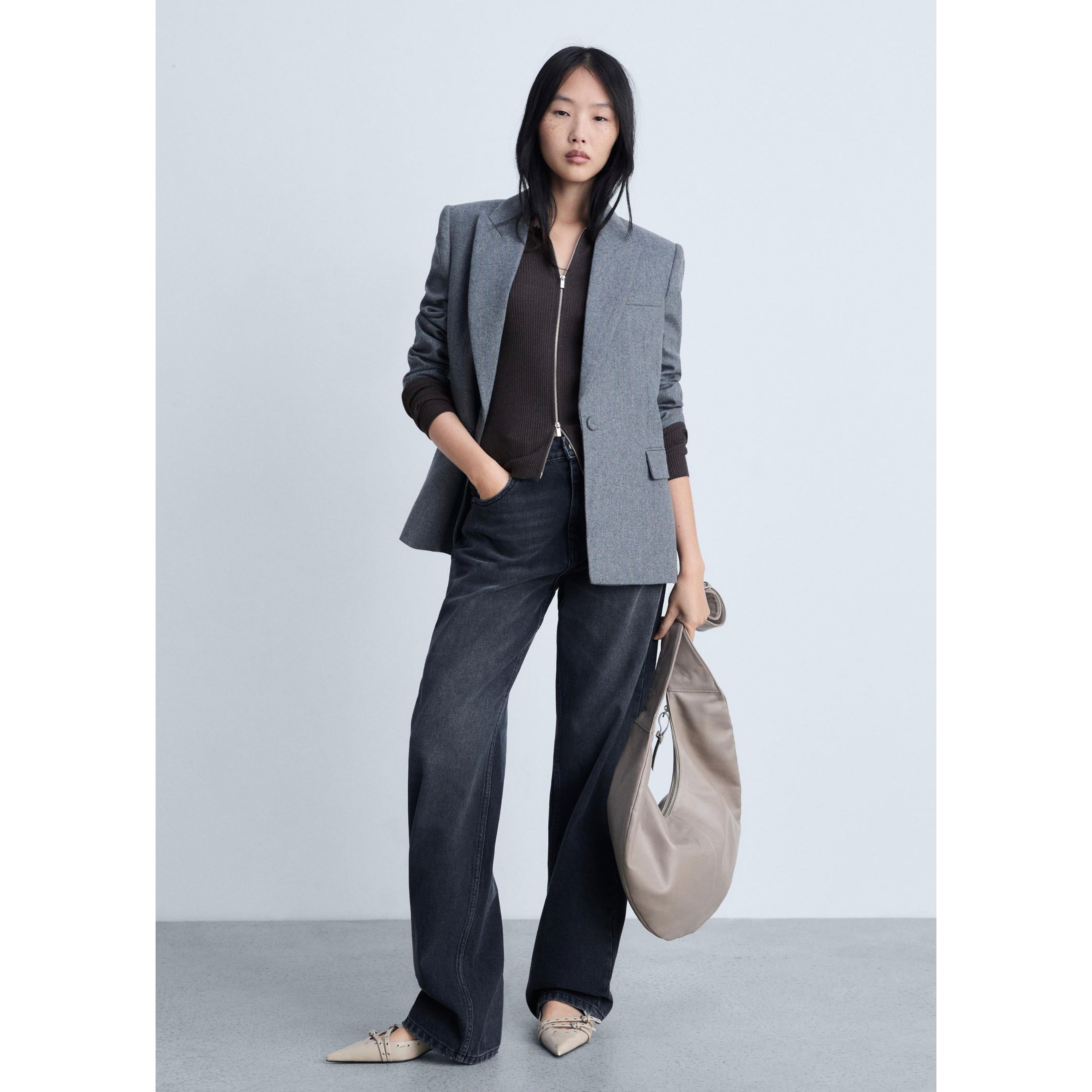 Ribbed Knit Zip-Up Cardigan - Dark Grey