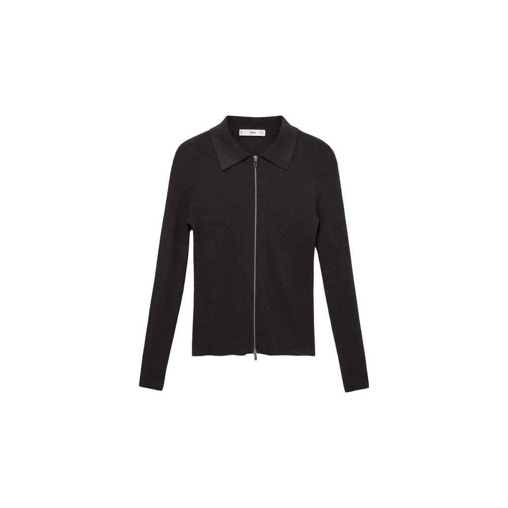 Ribbed Knit Zip-Up Cardigan - Dark Grey