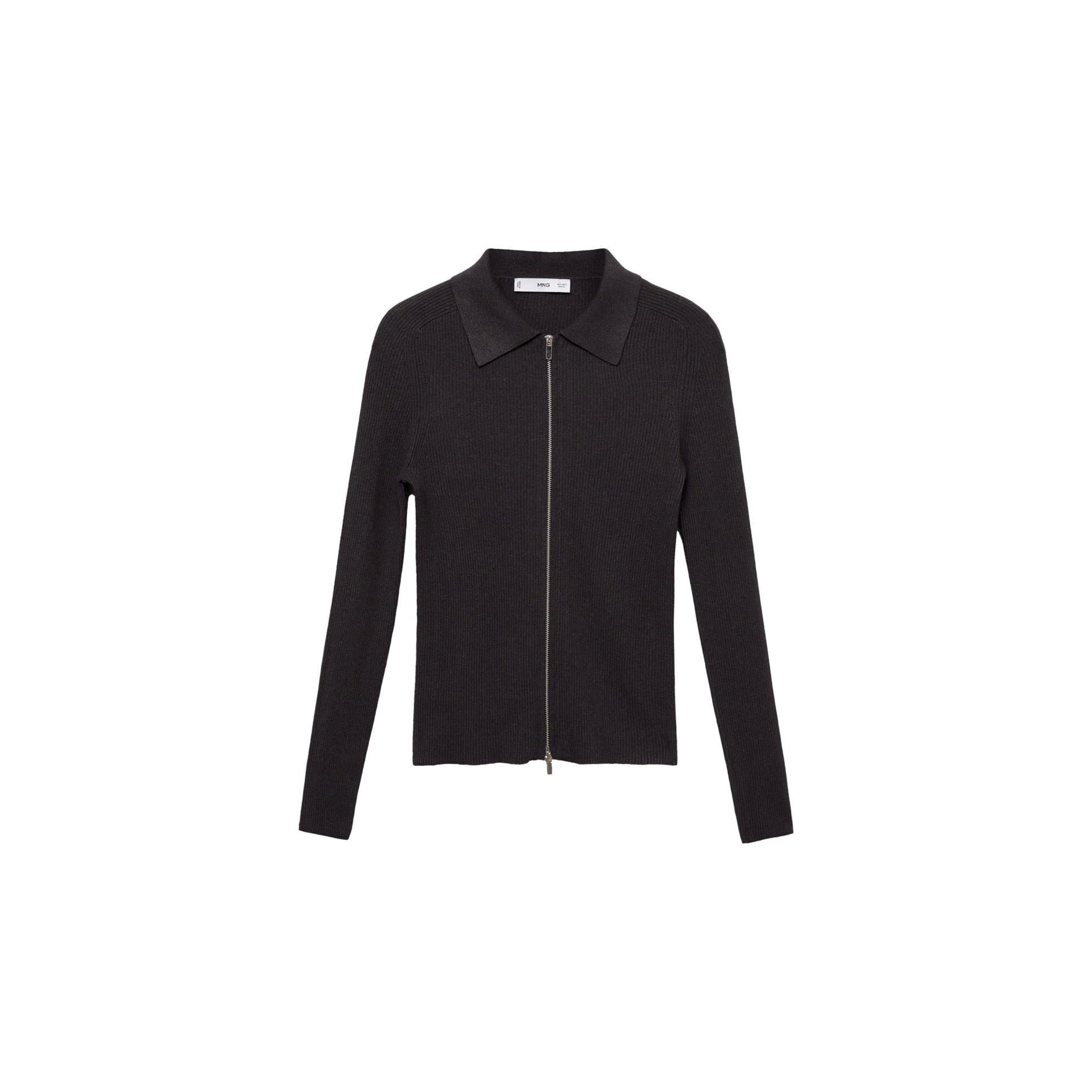 Ribbed Knit Zip-Up Cardigan - Dark Grey