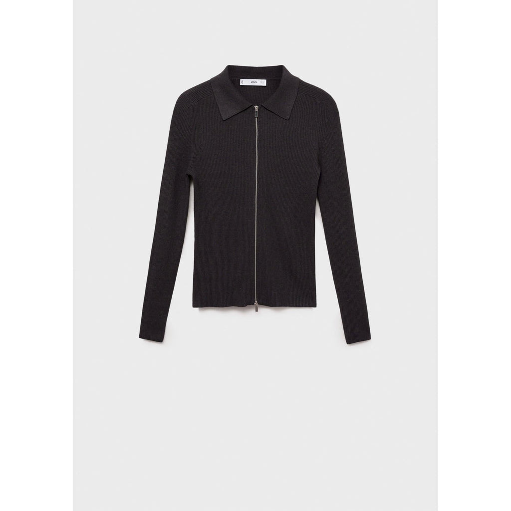 Ribbed Knit Zip-Up Cardigan - Dark Grey