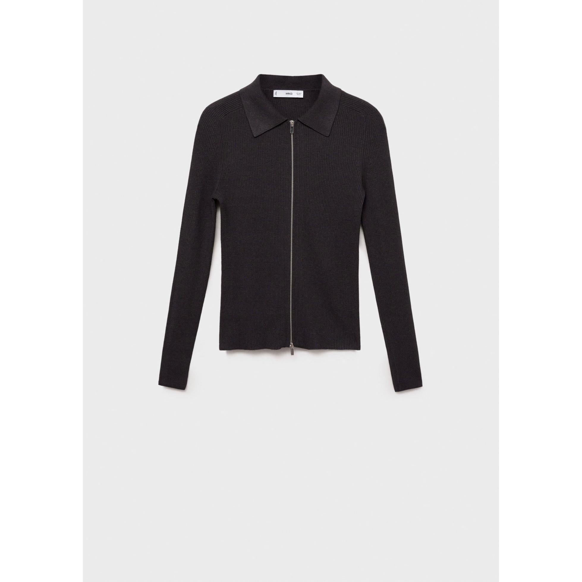 Ribbed Knit Zip-Up Cardigan - Dark Grey