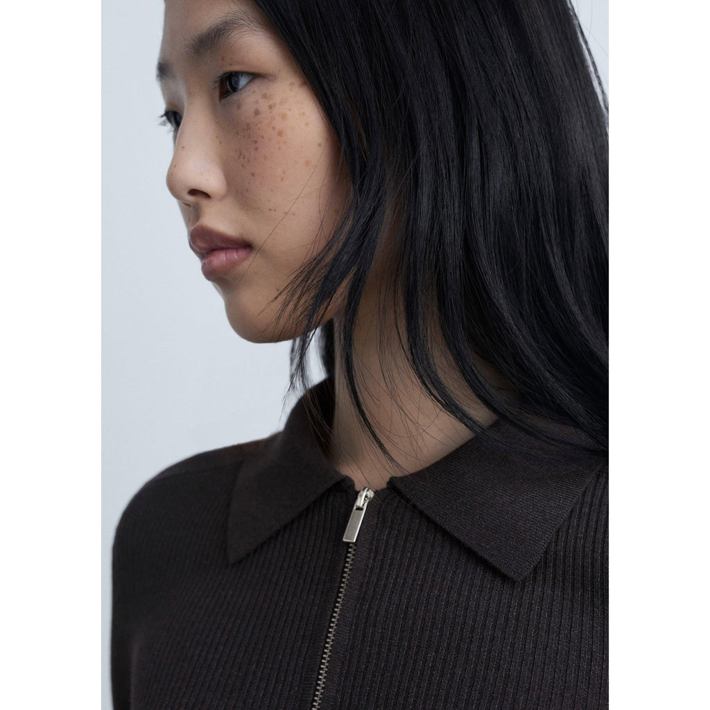 Ribbed Knit Zip-Up Cardigan - Dark Grey