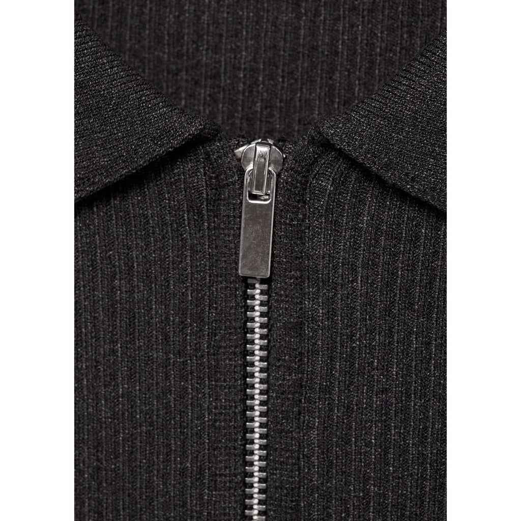 Ribbed Knit Zip-Up Cardigan - Dark Grey