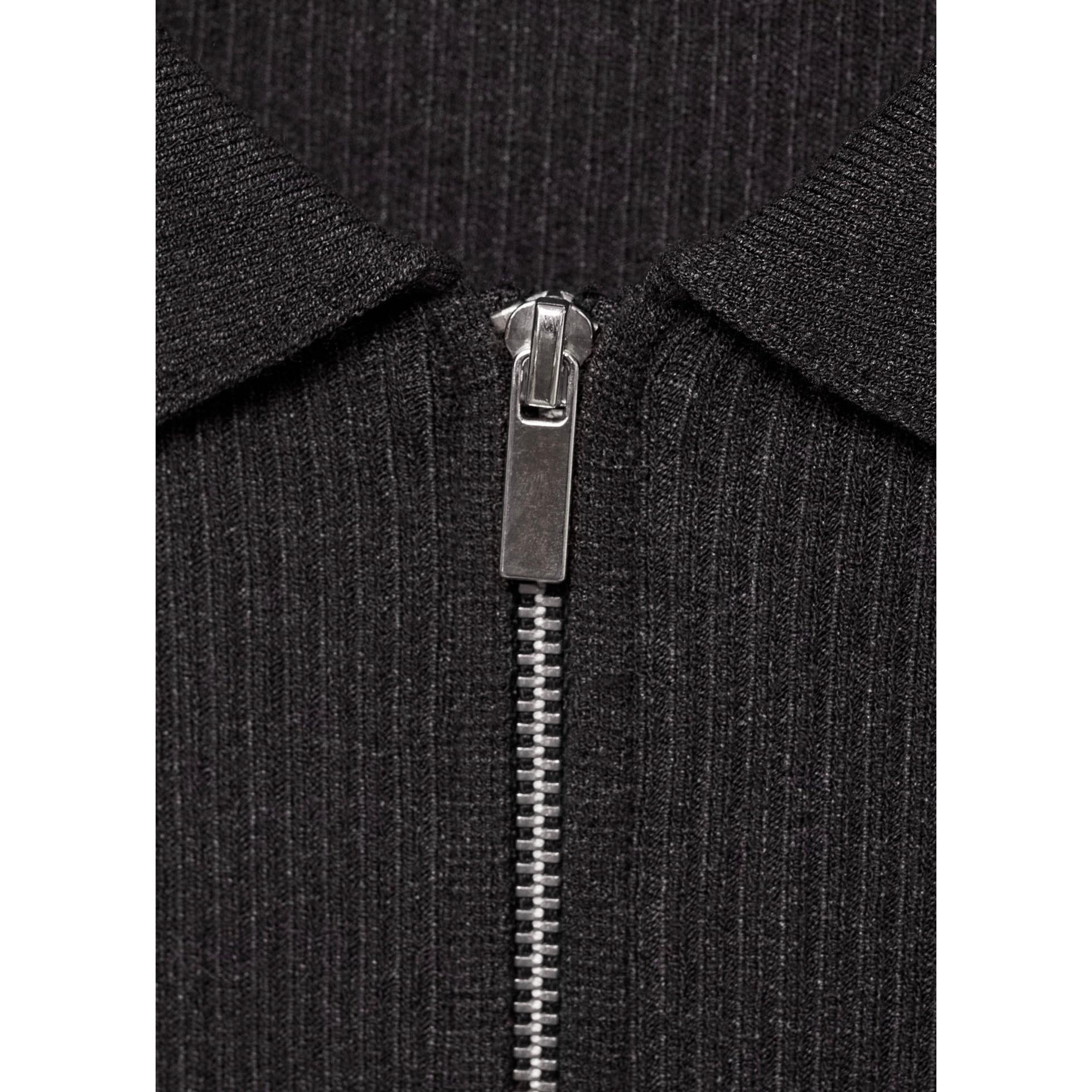 Ribbed Knit Zip-Up Cardigan - Dark Grey