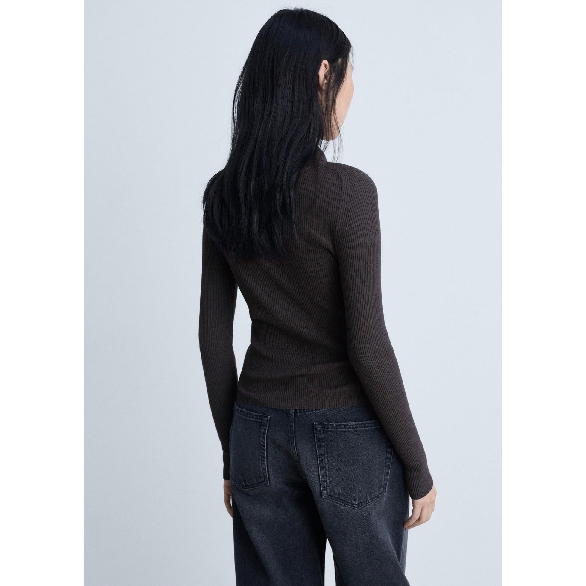 Ribbed Knit Zip-Up Cardigan - Dark Grey