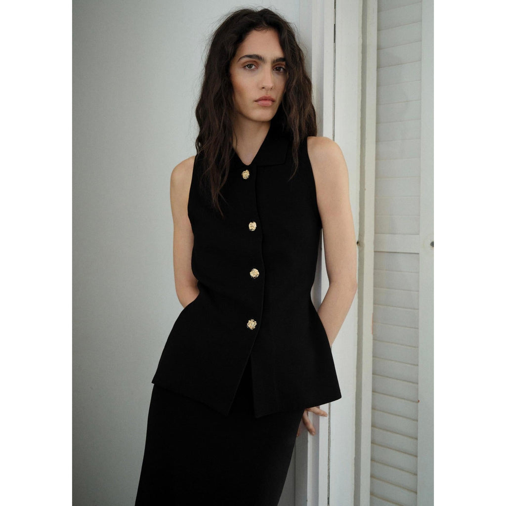Gilet Maille Boutons Bijoux - Black
