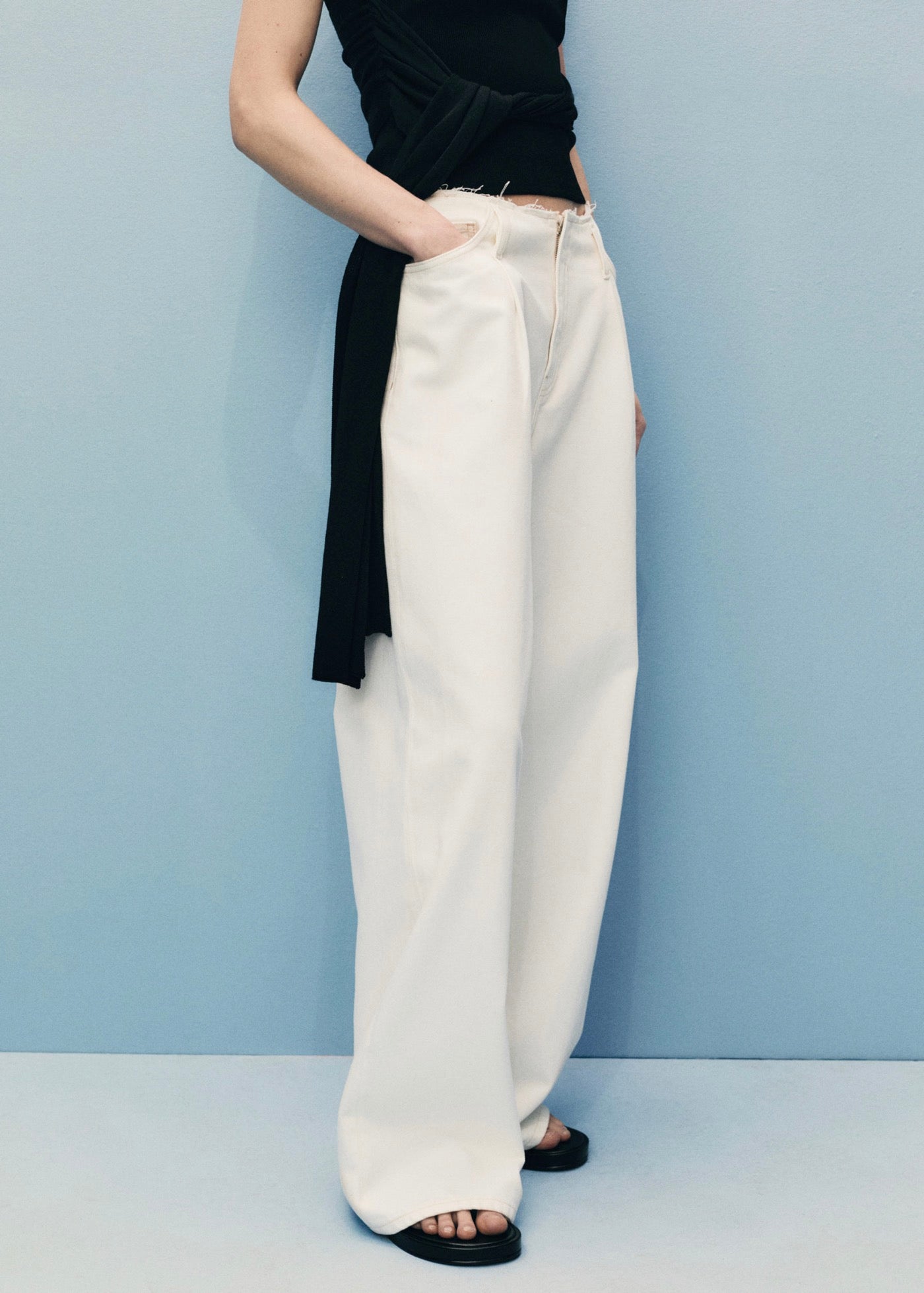 Pantalon En Denim Wideleg Taille Effilochée - Off White