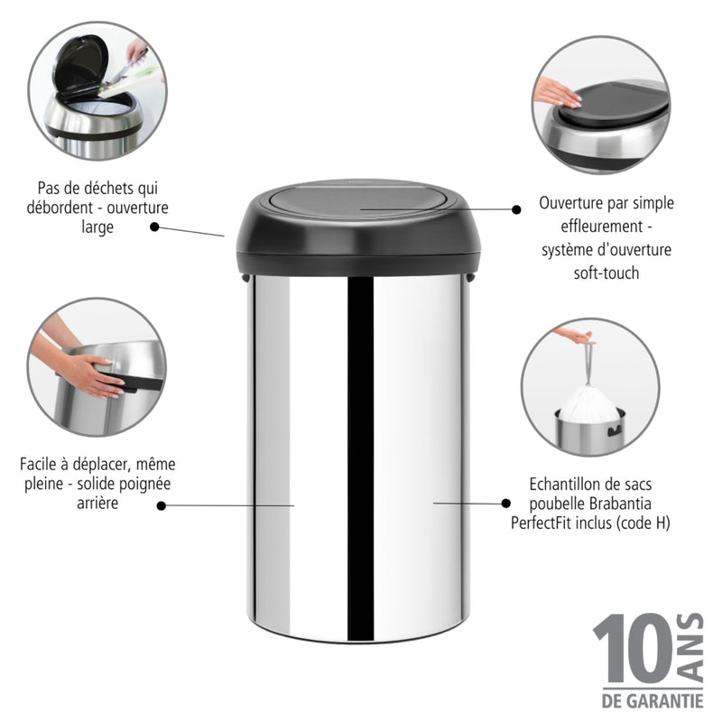 Touch Bin - 60L - Brilliant Steel