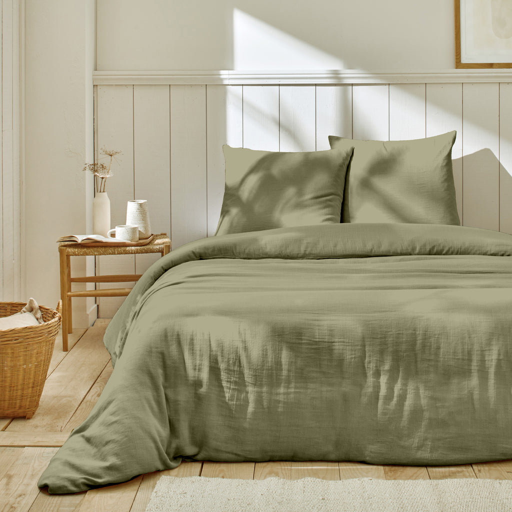 Ozen - Parure De Lit Complète - 100% Gaze De Coton - Vert De Gris