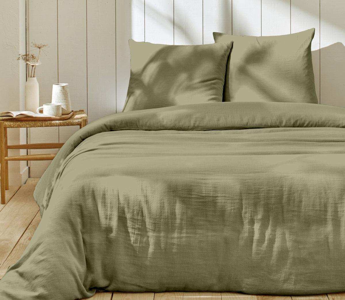 Ozen - Parure De Lit Complète - 100% Gaze De Coton - Vert De Gris