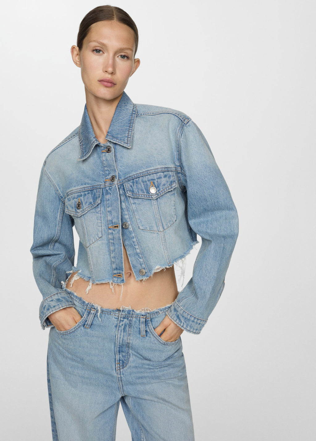 Blouson En Jean Bas Effiloché - Medium Blue