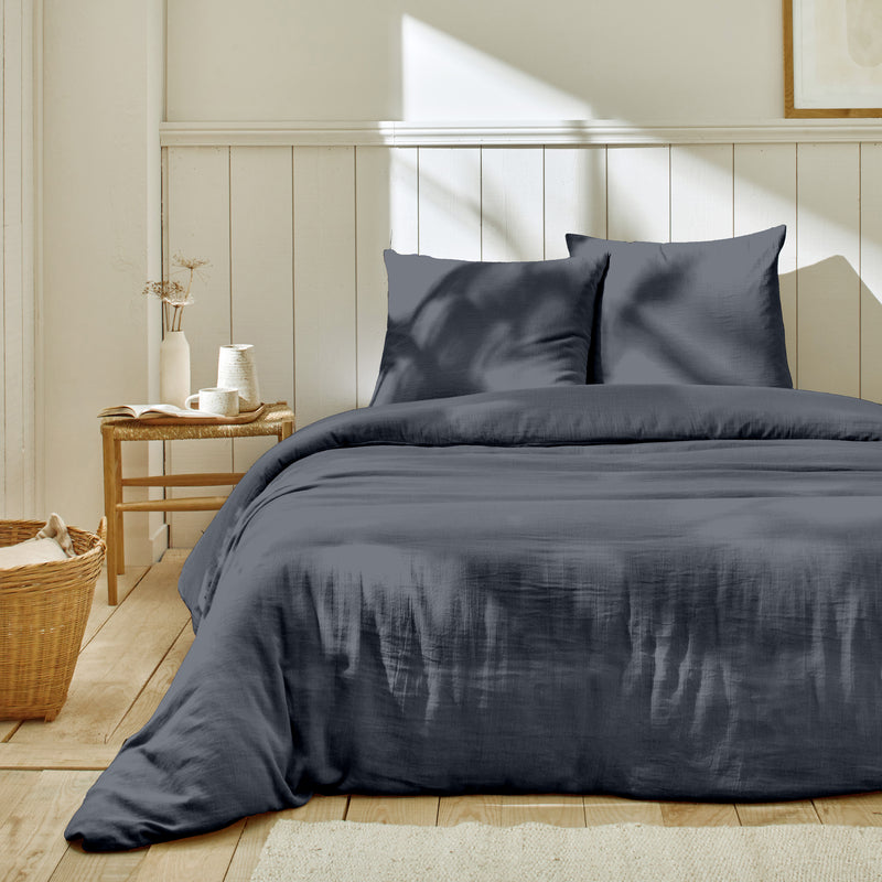 Parure de Lit Complète - 100% Gaze de Coton - 3 pièces - Bleu Jean