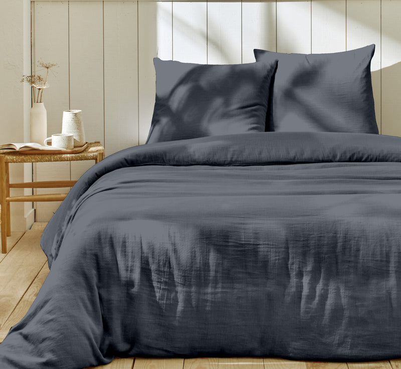 Parure de Lit Complète - 100% Gaze de Coton - 3 pièces - Bleu Jean