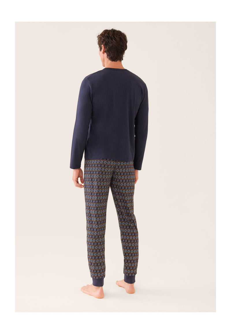 Ensemble Pyjama Haut Bleu Marine Et Bas Fantaisie En Coton - Pyjama Manuel Haut Manches Longues Uni Marine Et Bas Long Fantaisie