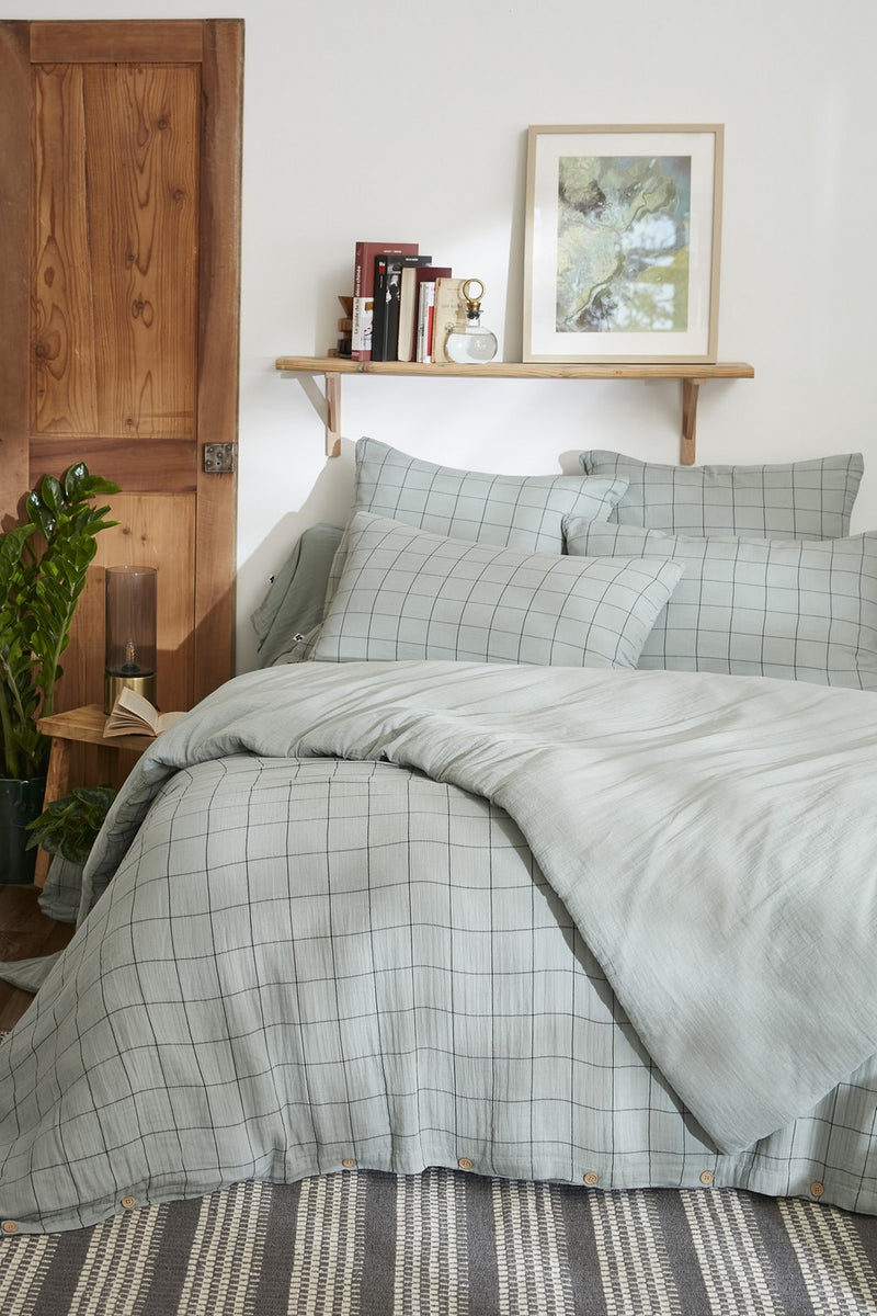 Housse De Couette Réversible - Gaze De Coton Tissée Teinte - Gaïa Match - Eucalyptus