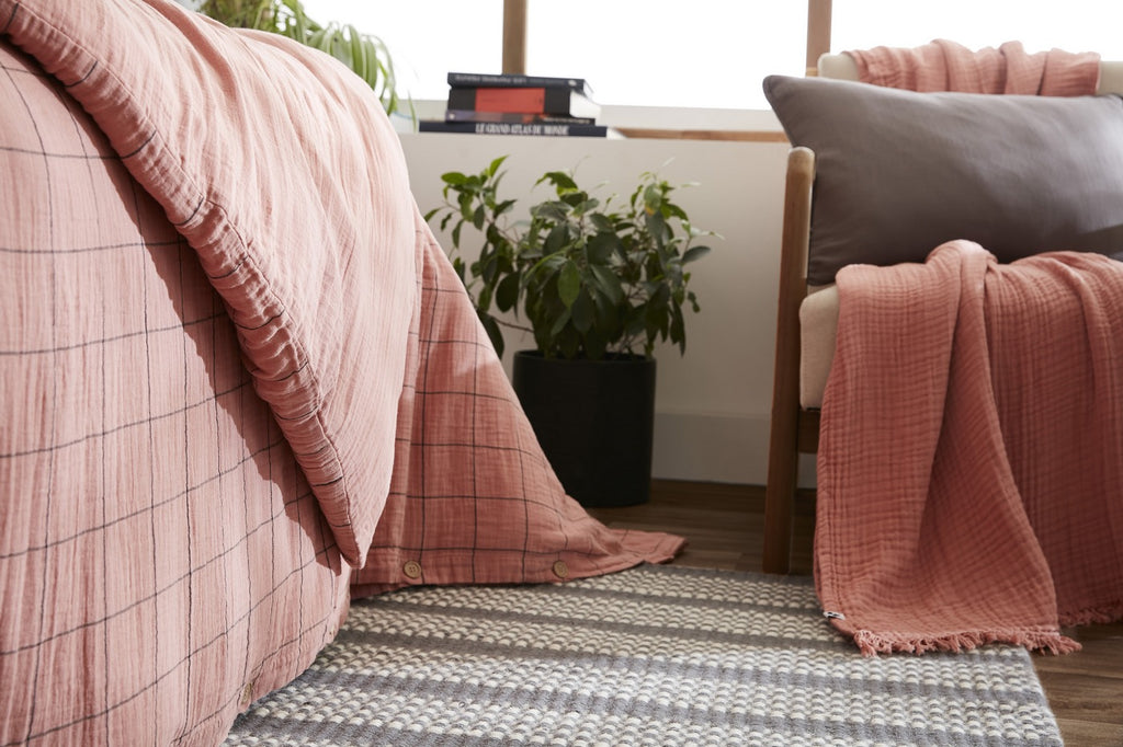 Gaïa Match - Housse De Couette Réversible - Double Gaze De Coton Tissée Teinte - Rose Pêche
