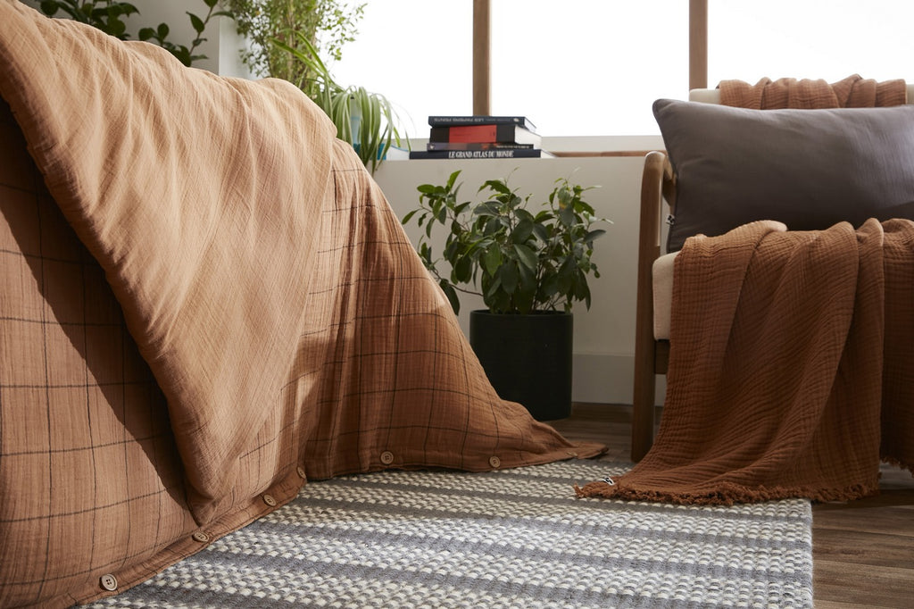 Gaïa Match - Housse De Couette Réversible - Double Gaze De Coton Tissée Teinte - Camel