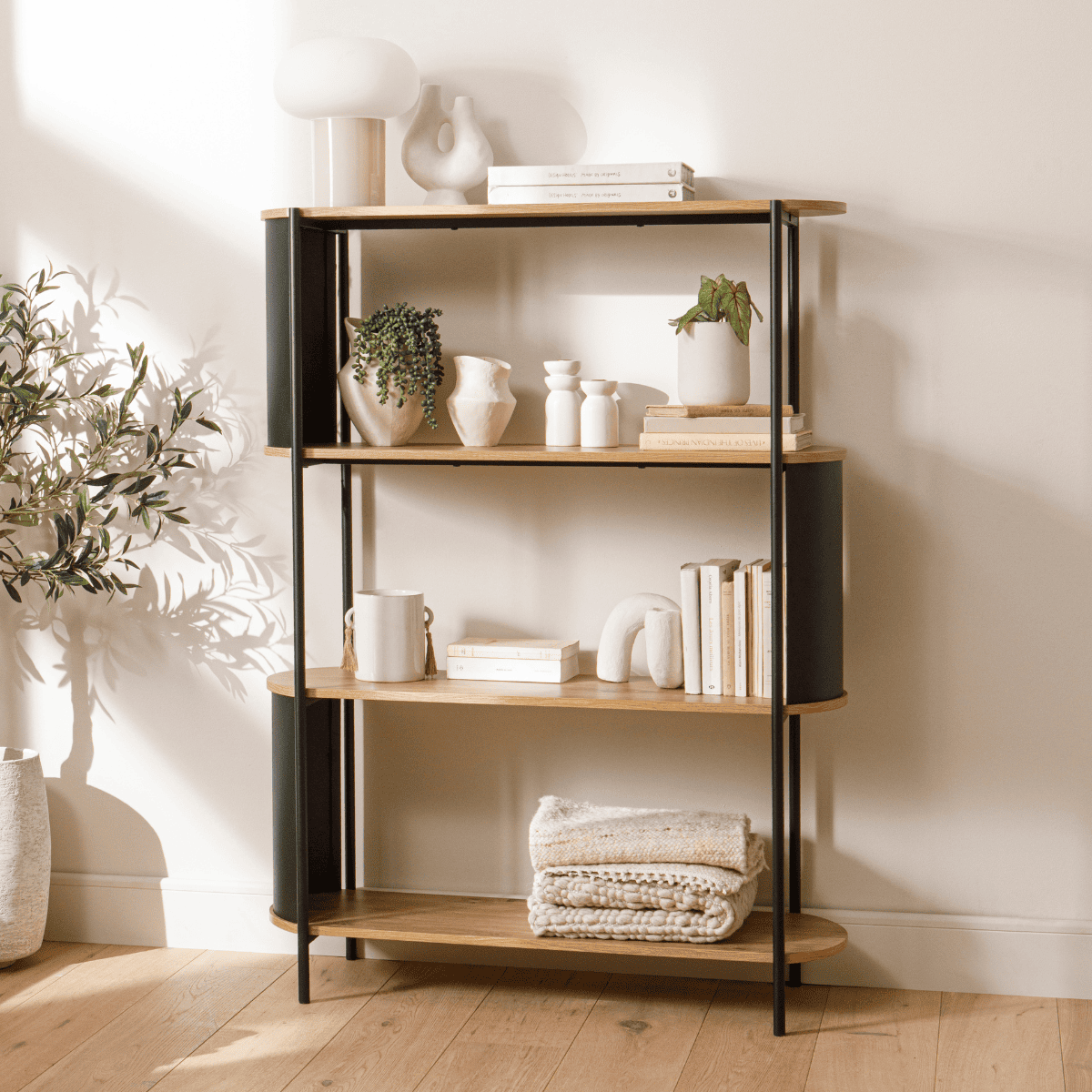 Eklo - 4 Tier Shelf - Wood & Metal - Black