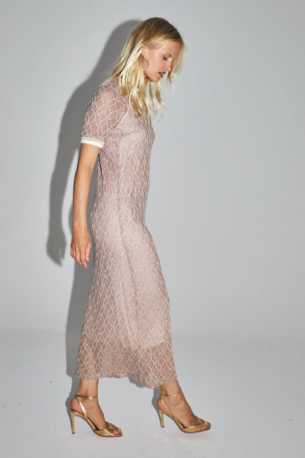The Annalisa Geo Knit Openwork Dress Gold Burgundy