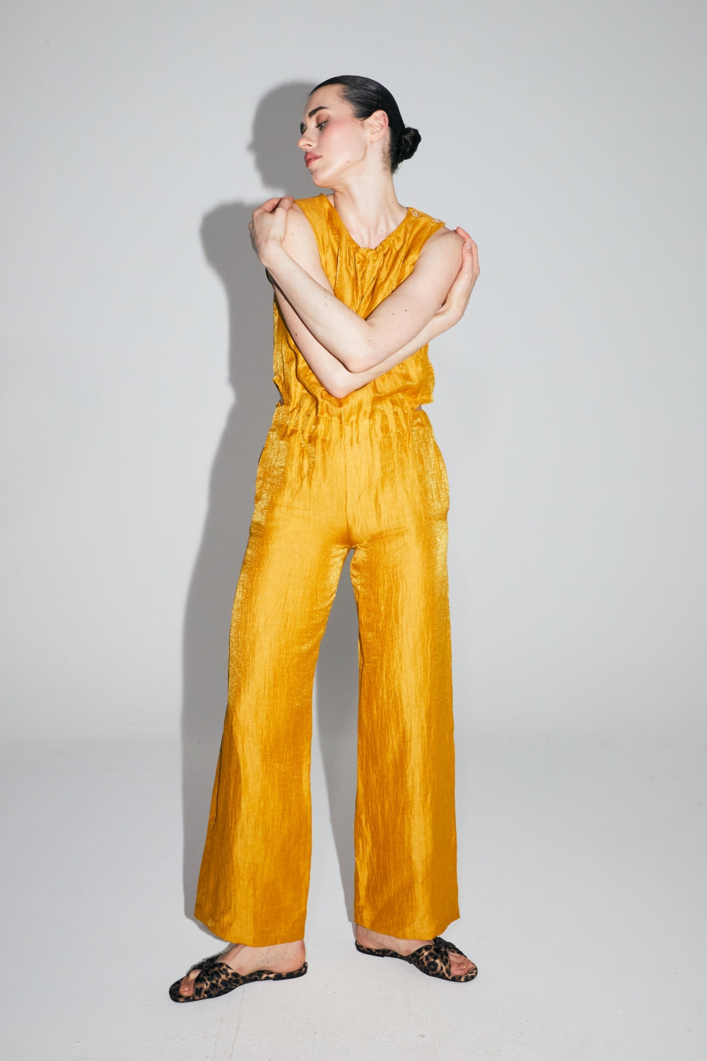 Elia Overalls In Shiny Ocher Linen