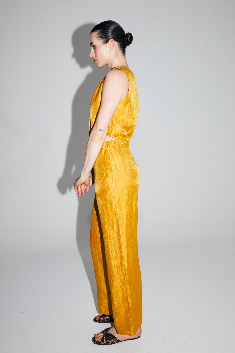 Elia Overalls In Shiny Ocher Linen