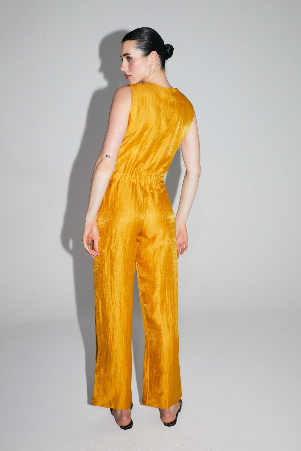 Elia Overalls In Shiny Ocher Linen