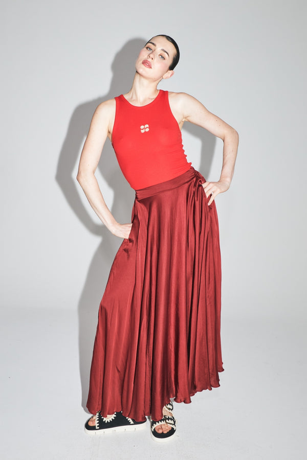 The Kelly Maxi Skirt In Merlot Satin Viscose Made In Italy