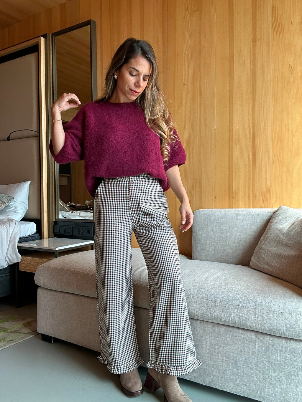 Gabriel Checked Ruffled Wide Leg Trousers