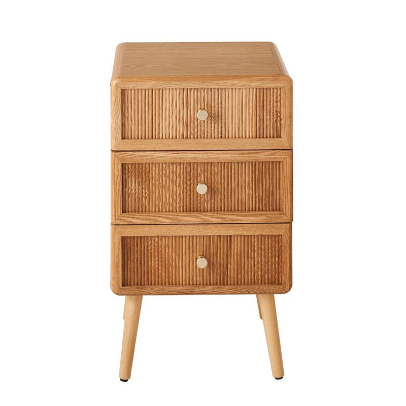 Ava - Mesita de noche de 3 cajones con frentes laminados - Madera clara