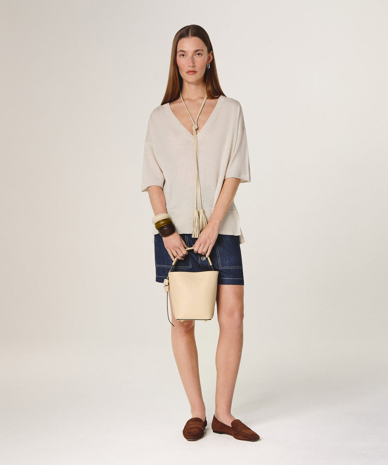 Jersey de manga corta con cuello de pico - Blanco Crudo - Mujer