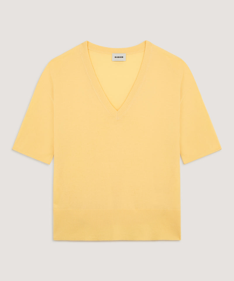 Jersey de manga corta con cuello de pico - Amarillo - Mujer
