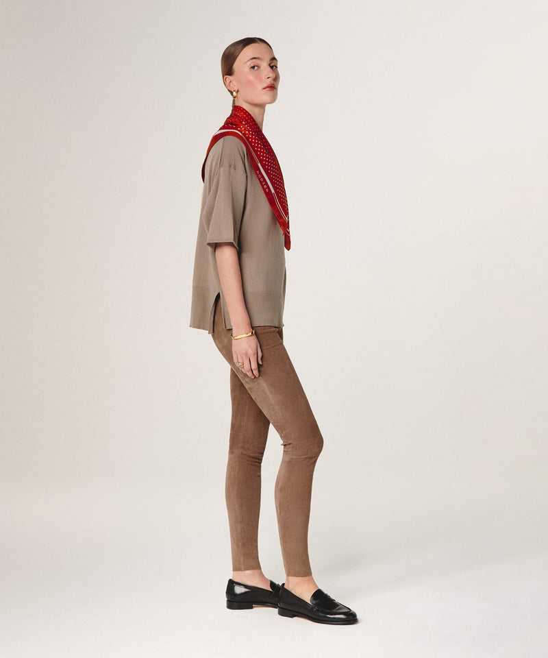 Jersey de manga corta con cuello de pico - Marrón topo - Mujer