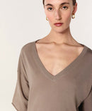 Jersey de manga corta con cuello de pico - Marrón topo - Mujer