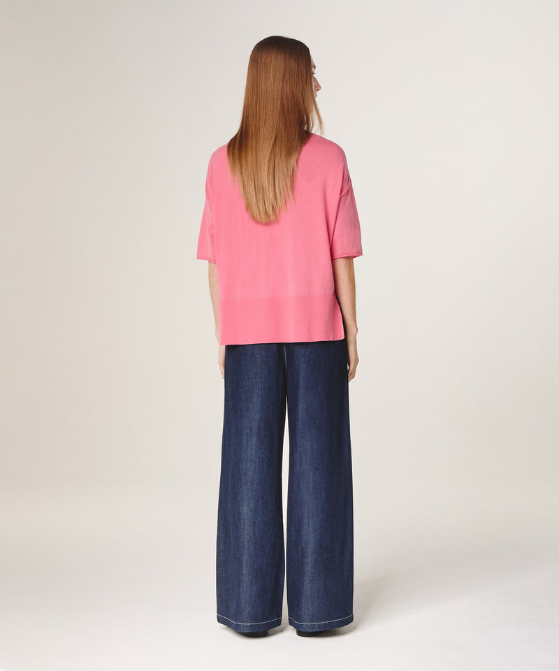 Jersey de manga corta con cuello de pico - Rosa Caramelo - Mujer