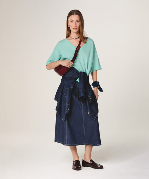 Jersey manga corta cuello pico - Verde agua - Mujer