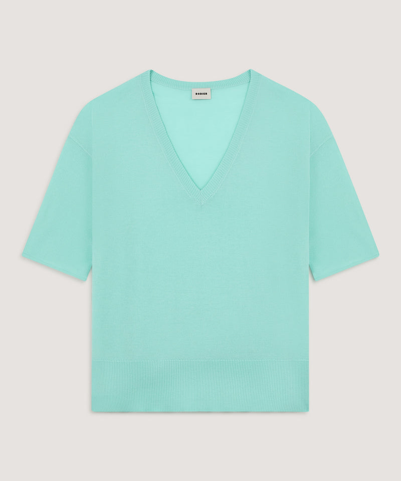 Jersey manga corta cuello pico - Verde agua - Mujer