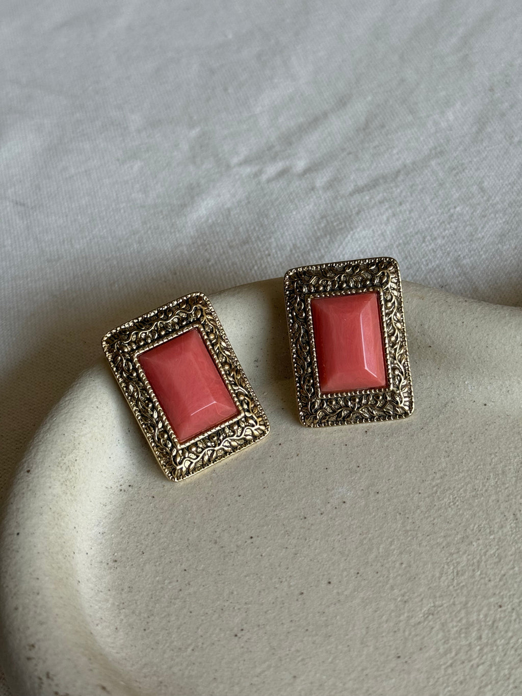Vintage Earrings - Baroque Rectangles Pink Cabochons