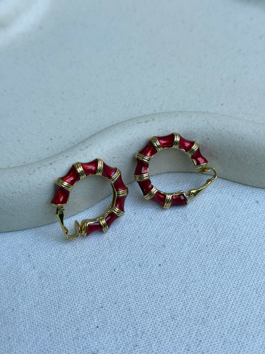 Pendientes Kenneth Jay Lane Vintage - Aros Efecto Bambú Rojo Y Dorado