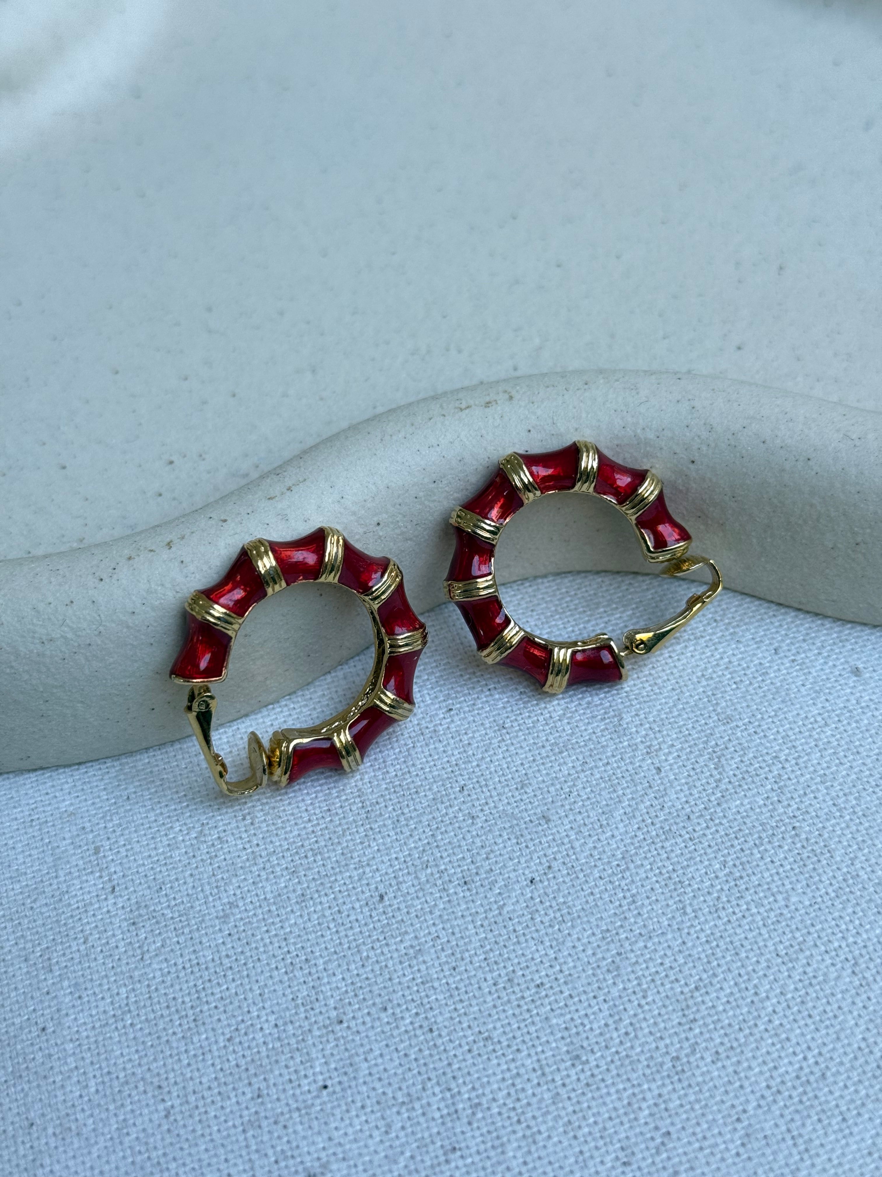Pendientes Kenneth Jay Lane Vintage - Aros Efecto Bambú Rojo Y Dorado