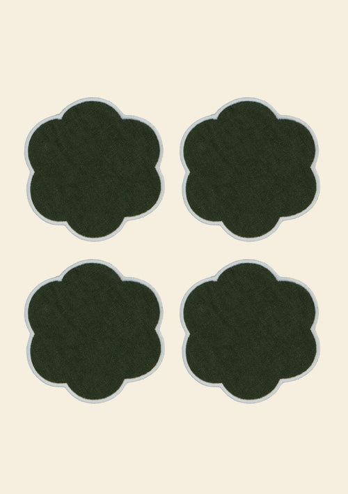 The 4 Linen Scalloped Coasters - Forest Green & White Blanc